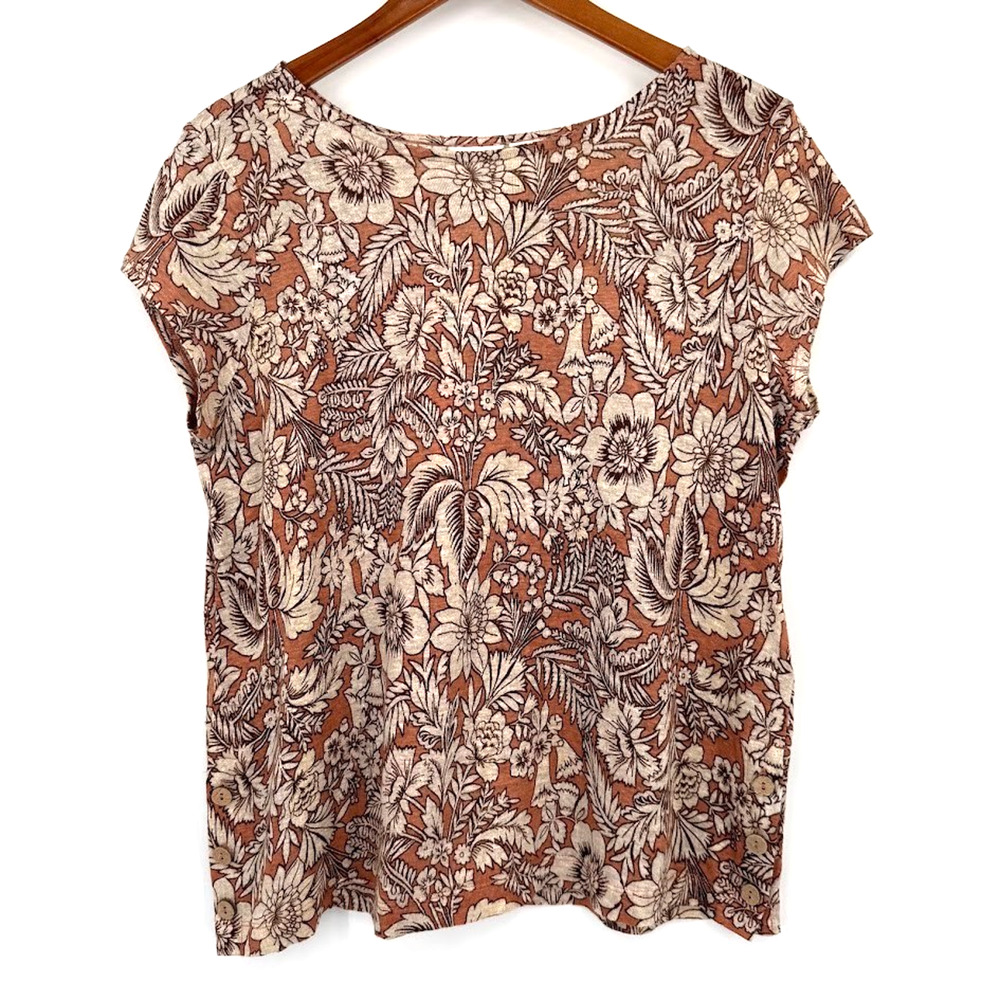 Rachel Zoe Womens M 100% Linen Floral Top Short Sleeve Knit Shirt Boho Colorful